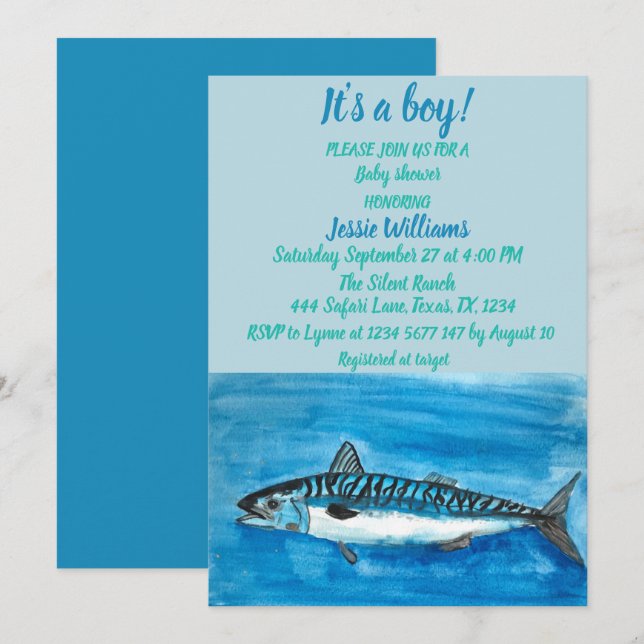 Cute Mackerel Under the sea nautical Blue Baby Boy Invitation (Front/Back)