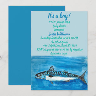 Cute Mackerel Under the sea nautical Blue Baby Boy Invitation