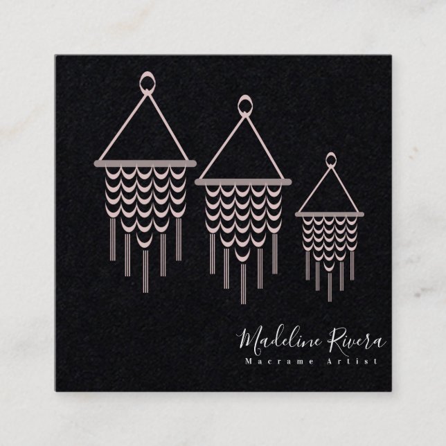 Cute Macrame Artist Handmade Design Pink Black Square Business Card (Front)