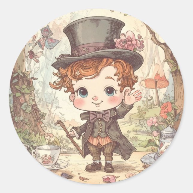Cute Mad Hatter Whimsical Wonderland Woodland Art Classic Round Sticker (Front)