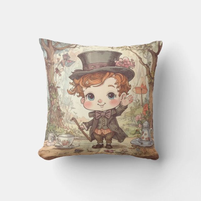 Cute Mad Hatter Whimsical Wonderland Woodland Art Cushion (Front)