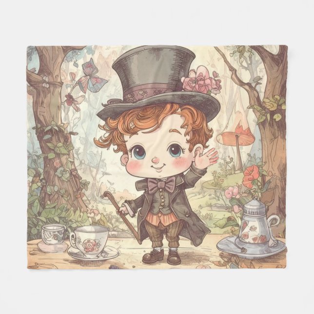 Cute Mad Hatter Whimsical Wonderland Woodland Art Fleece Blanket (Front (Horizontal))