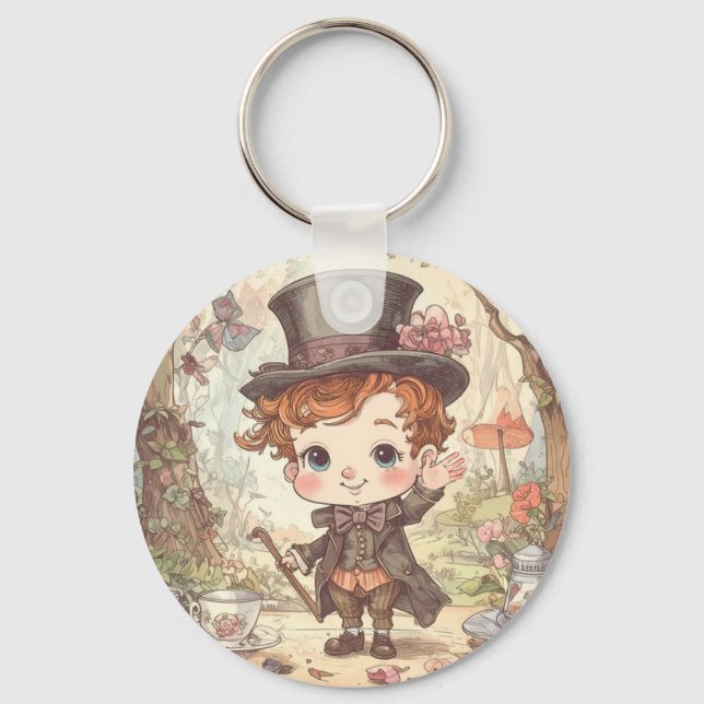 Cute Mad Hatter Whimsical Wonderland Woodland Art Key Ring (Front)