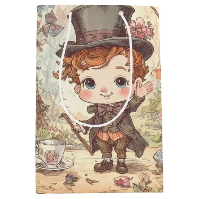 Cute Mad Hatter Whimsical Wonderland Woodland Art Medium Gift Bag (Front)