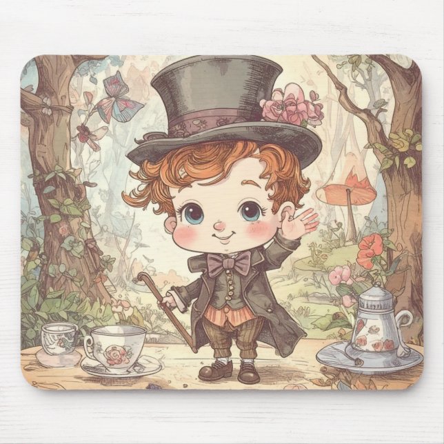 Cute Mad Hatter Whimsical Wonderland Woodland Art Mouse Mat (Front)