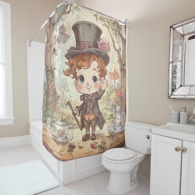 Cute Mad Hatter Whimsical Wonderland Woodland Art Shower Curtain (In Situ)