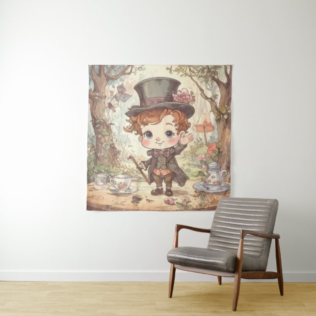 Cute Mad Hatter Whimsical Wonderland Woodland Art Tapestry (In Situ)