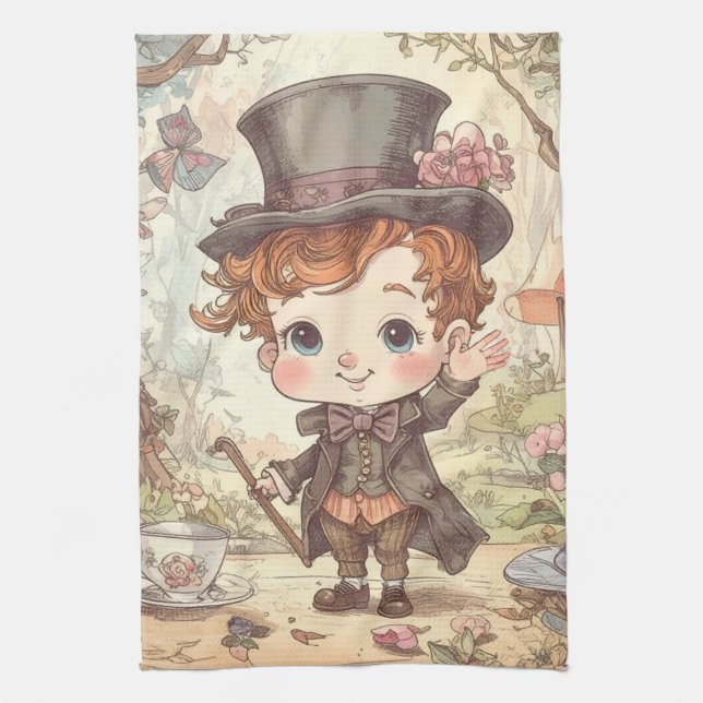 Cute Mad Hatter Whimsical Wonderland Woodland Art Tea Towel (Vertical)