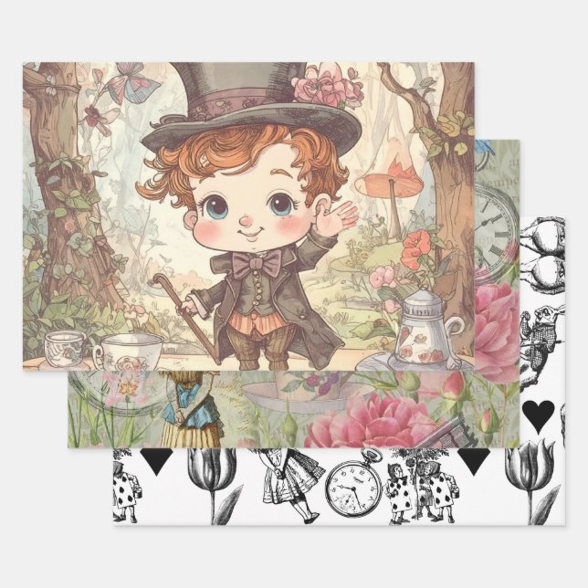 Cute Mad Hatter Whimsical Wonderland Woodland Art Wrapping Paper Sheet (Set)