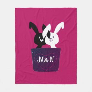 Cute Magenta Black And White Love Bunnies Monogram Fleece Blanket