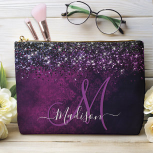 Cute magenta black faux glitter monogram accessory pouch