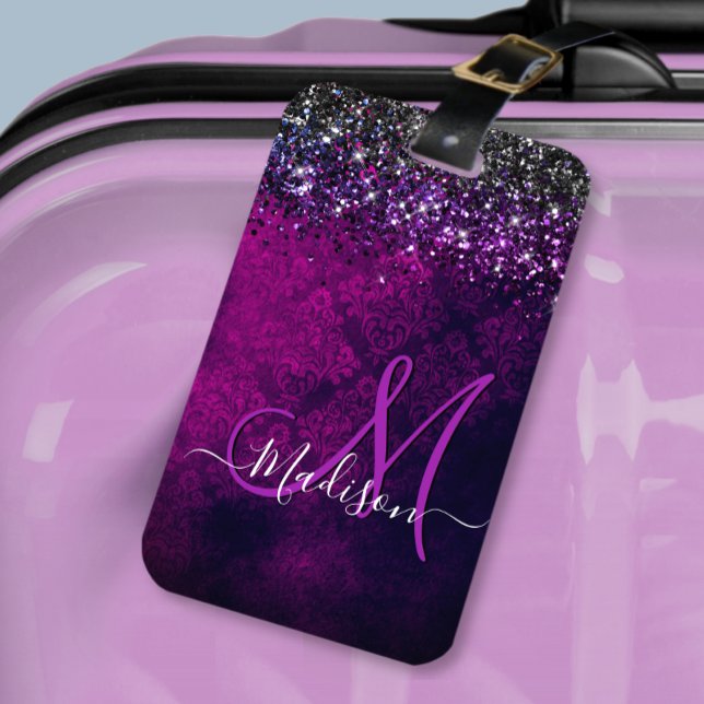 Cute magenta black faux glitter monogram luggage tag (Creator Uploaded)