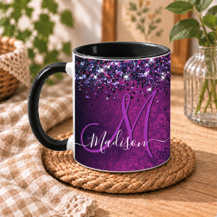 Cute magenta black faux glitter monogram mug
