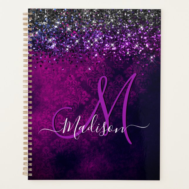 Cute magenta black faux glitter monogram planner (Front)