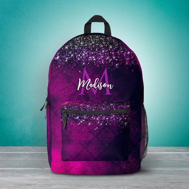 Cute magenta black faux glitter monogram printed backpack (Creator Uploaded)