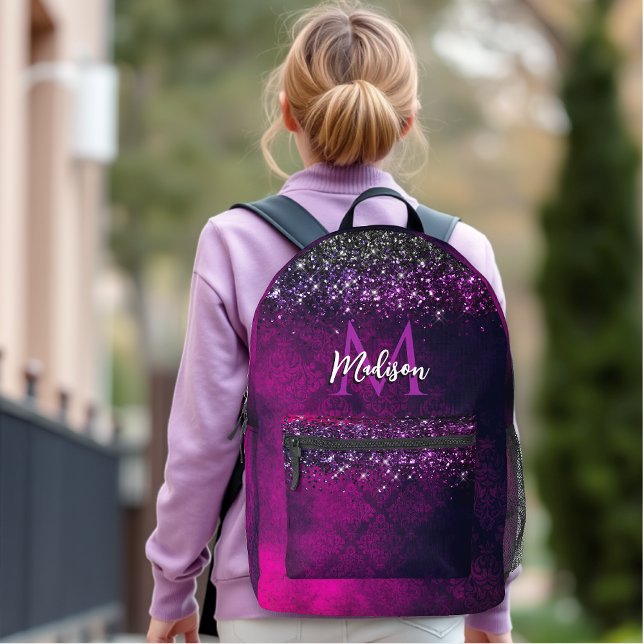 Cute magenta black faux glitter monogram printed backpack (Creator Uploaded)