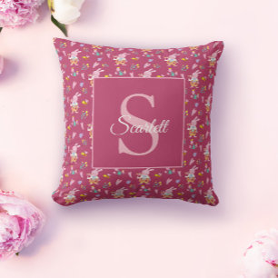 Cute magenta bunny garden pattern Monogram Name Cushion