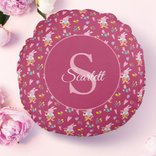 Cute magenta bunny garden pattern Monogram Name Round Cushion