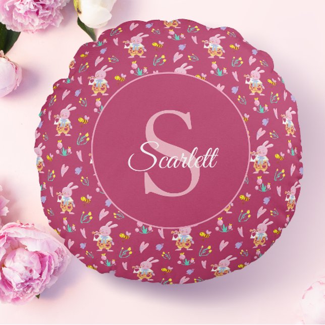 Cute magenta bunny garden pattern Monogram Name Round Cushion (Creator Uploaded)