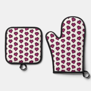 Cute Magenta Dark Pink Gemstone Heart pattern Oven Mitt & Pot Holder Set