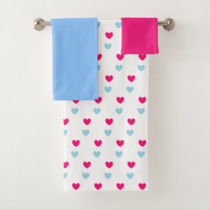 Cute Magenta Red & Light Blue Hearts Bath Towel Se