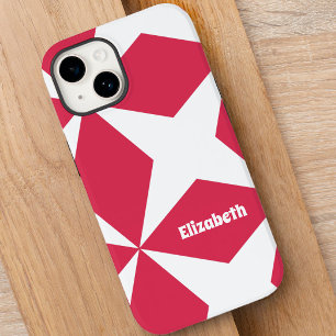 Cute Magenta Red White Retro Pattern Custom Name Case-Mate iPhone 14 Case