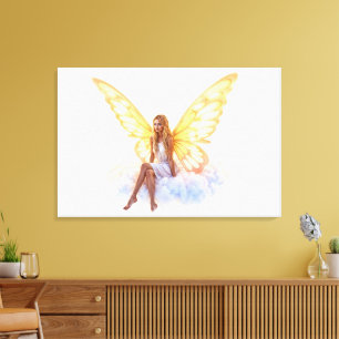 Cute magic blue eyes fairy bright golden wings canvas print