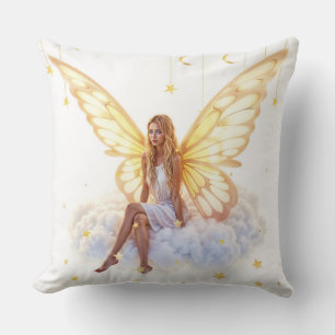 Cute magic blue eyes fairy bright golden wings cushion