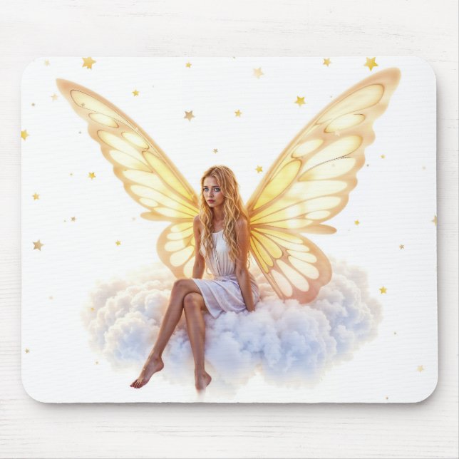 Cute magic blue eyes fairy bright golden wings mouse mat (Front)