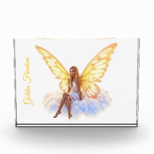 Cute magic blue eyes fairy bright golden wings photo block