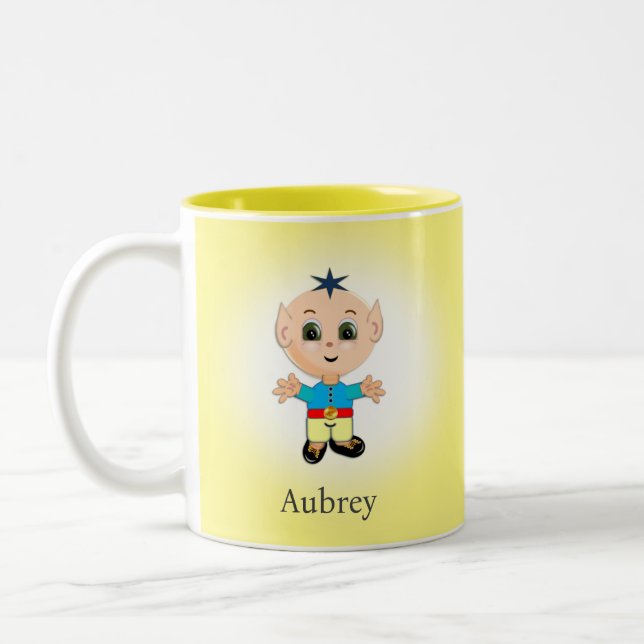 Cute Magic Elf on Light Yellow Two-Tone Coffee Mug (Left)