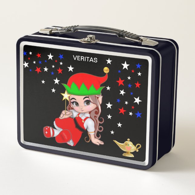 Cute Magic Fairy and Stars on Black Metal Lunch Box (Front)