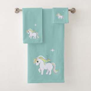 Cute Magic Unicorn & Star on Light Blue Bath Towel Set
