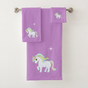 Cute Magic Unicorn & Star on Violet Bath Towel Set
