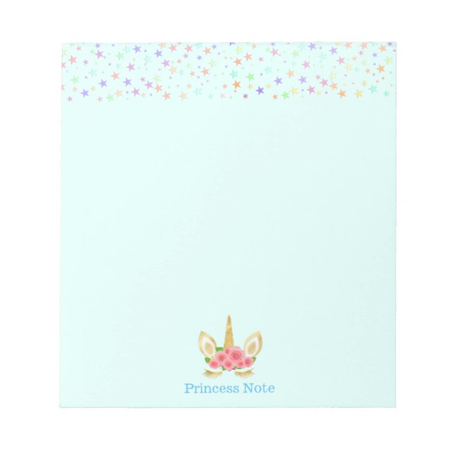 Cute Magic Unicorn & Stars on Light Blue Notepad (Front)