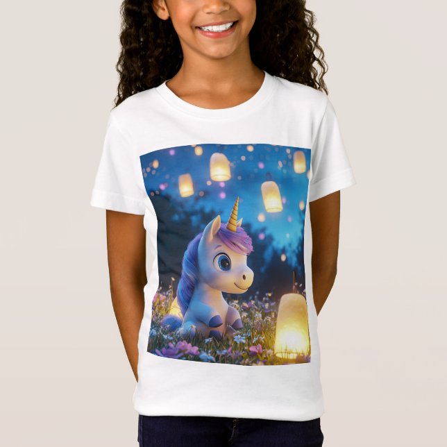 Cute Magic Unicorn with Lanterns T-Shirt (Front)