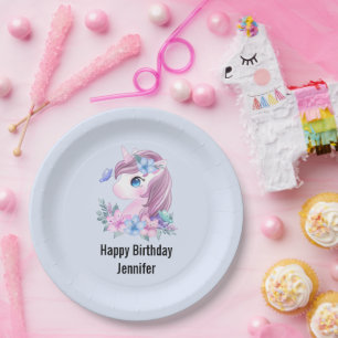 Cute & Magical Baby Unicorn in Watercolor Birthday Paper Plate