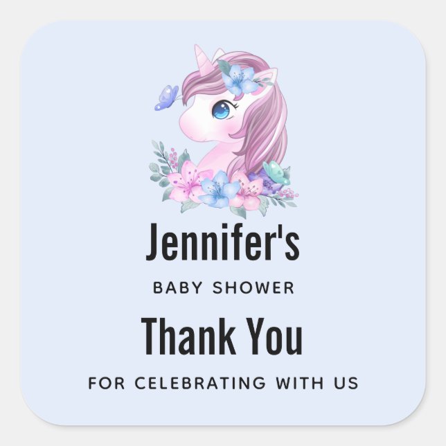 Cute & Magical Baby Unicorn Party Thank You Square Sticker (Front)