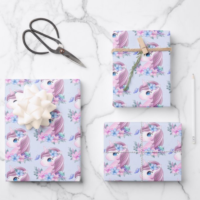 Cute & Magical Baby Unicorn Pattern Wrapping Paper Sheet (Front)