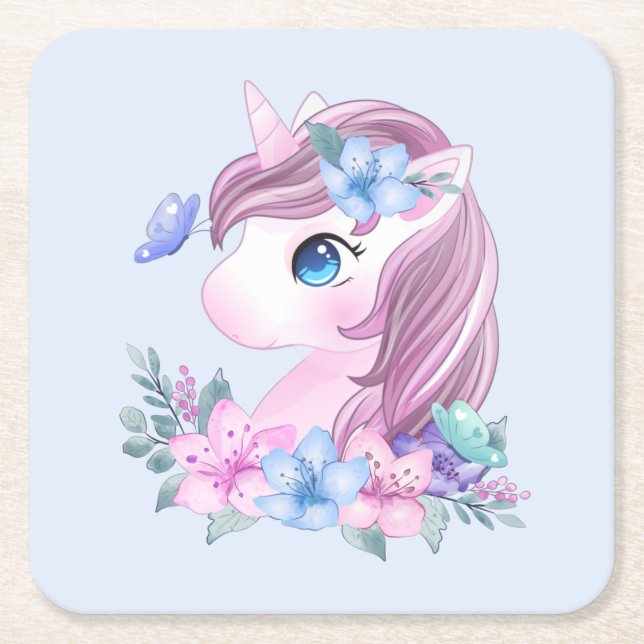  Cute & Magical Baby Unicorn with Big Eyes Square Paper Coaster (Front)
