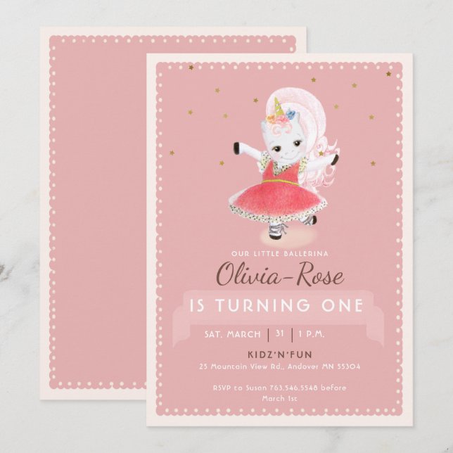 Cute Magical Ballerina Unicorn Pink Girl Birthday Invitation (Front/Back)