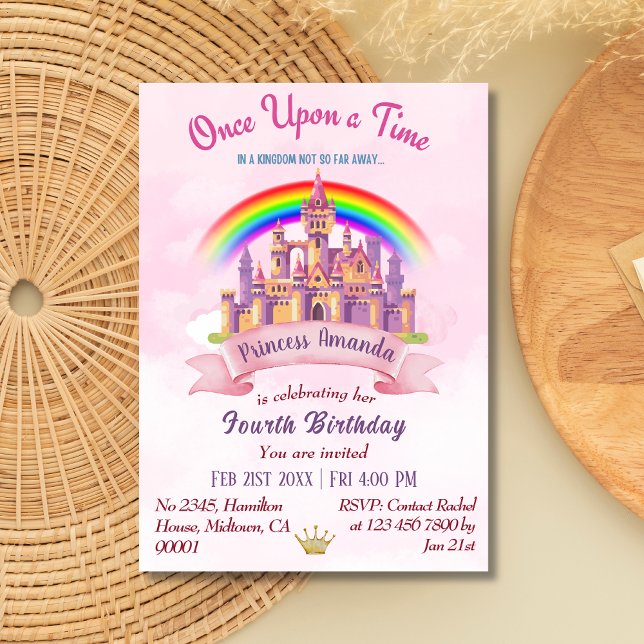 Cute magical castle rainbow princess 4th birthday invitation (Creator Uploaded)