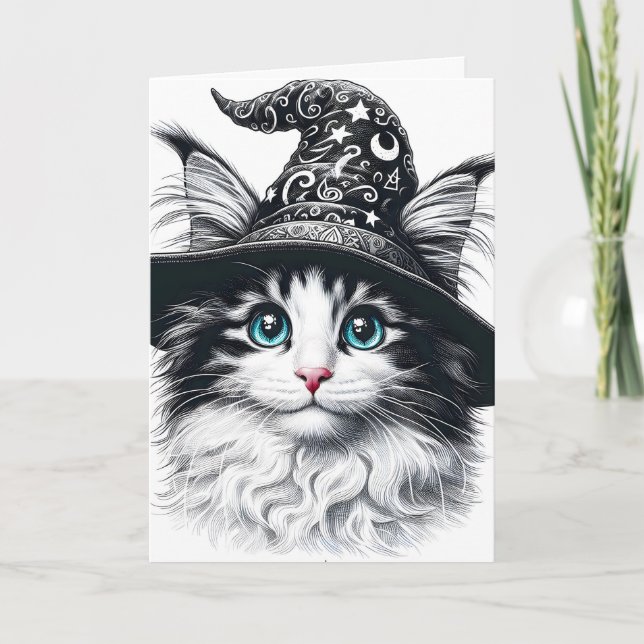 Cute Magical Cat in Wizard Hat Colour Splash Card (Front)