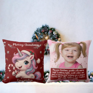 Cute Magical Crimson Christmas Unicorn Girl Photo Cushion