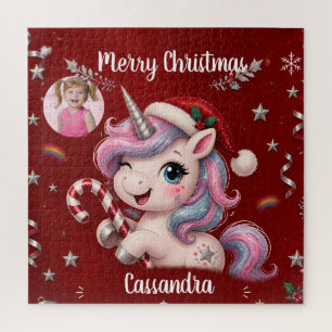Cute Magical Crimson Christmas Unicorn Girl Photo Jigsaw Puzzle