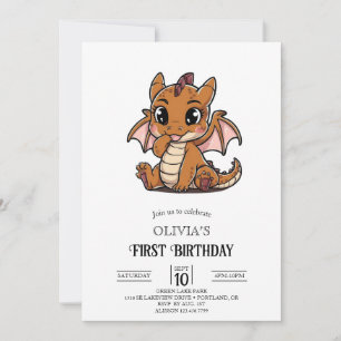 Cute Magical Digital Dragon 1st Birthday Invitation