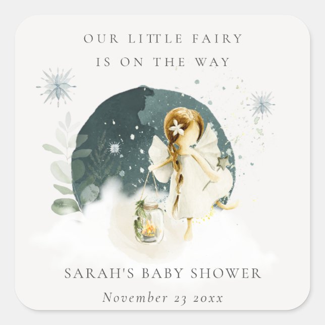 Cute Magical Enchanted Fairy On Way Baby Shower Square Sticker (Front)