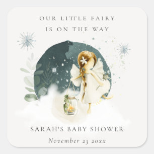 Cute Magical Enchanted Fairy On Way Baby Shower Square Sticker