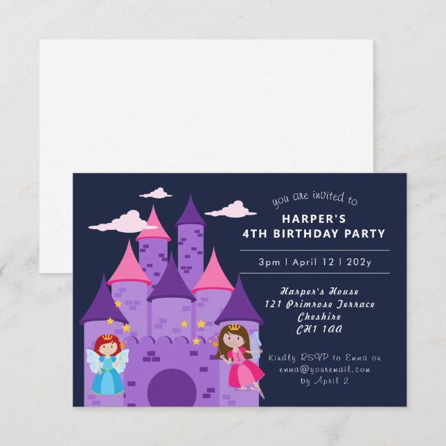 Cute Magical Fairies & Castle Girl's 4th Birthday  Invitation (Front/Back)