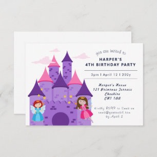 Cute Magical Fairies & Castle Girl's 4th Birthday  Invitation